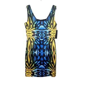 Miss Sixty Vintage Y2K Blue Yellow Abstract Print Mini Dress Sleeveless Size 14